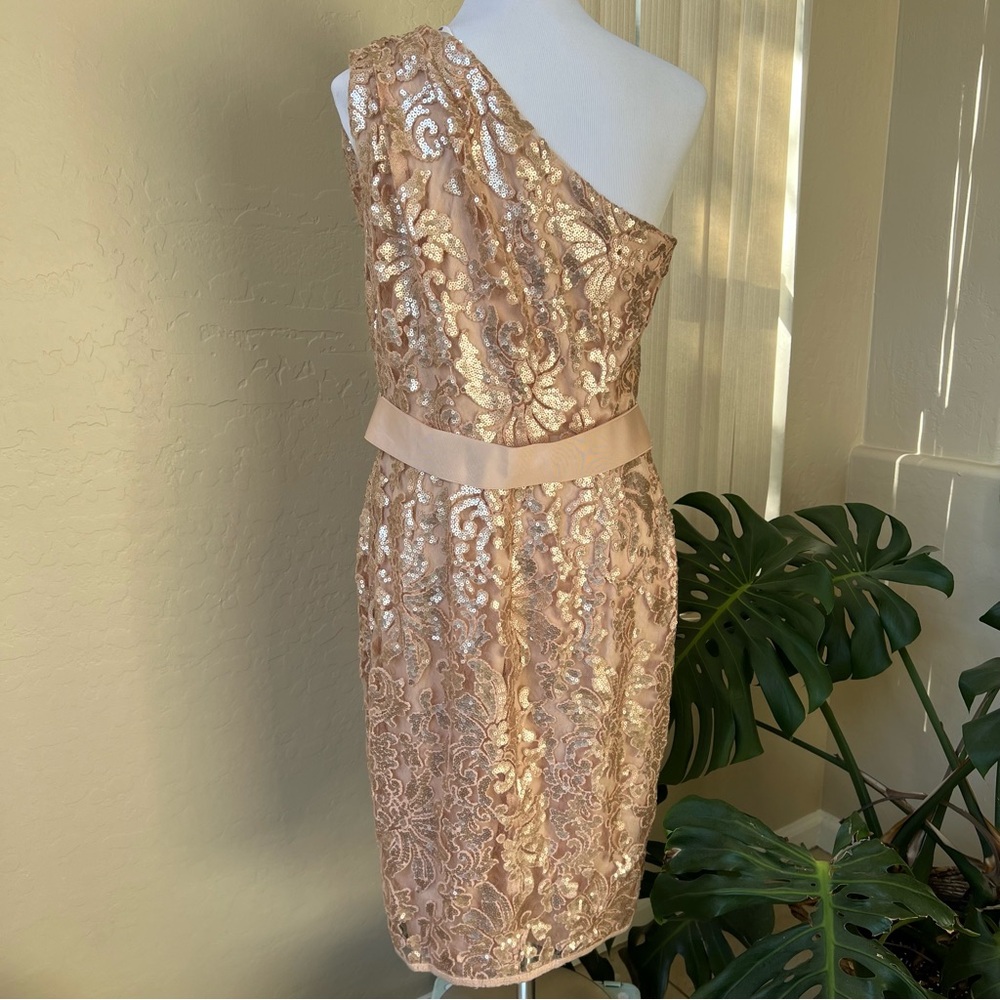 Tadashi Shoji $328 Champagne Sequined One Shoulder Knee Length Dress 12 - Picture 10 of 13